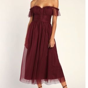 Lulus Burgundy Mesh Bustier Midi Dress (Large)